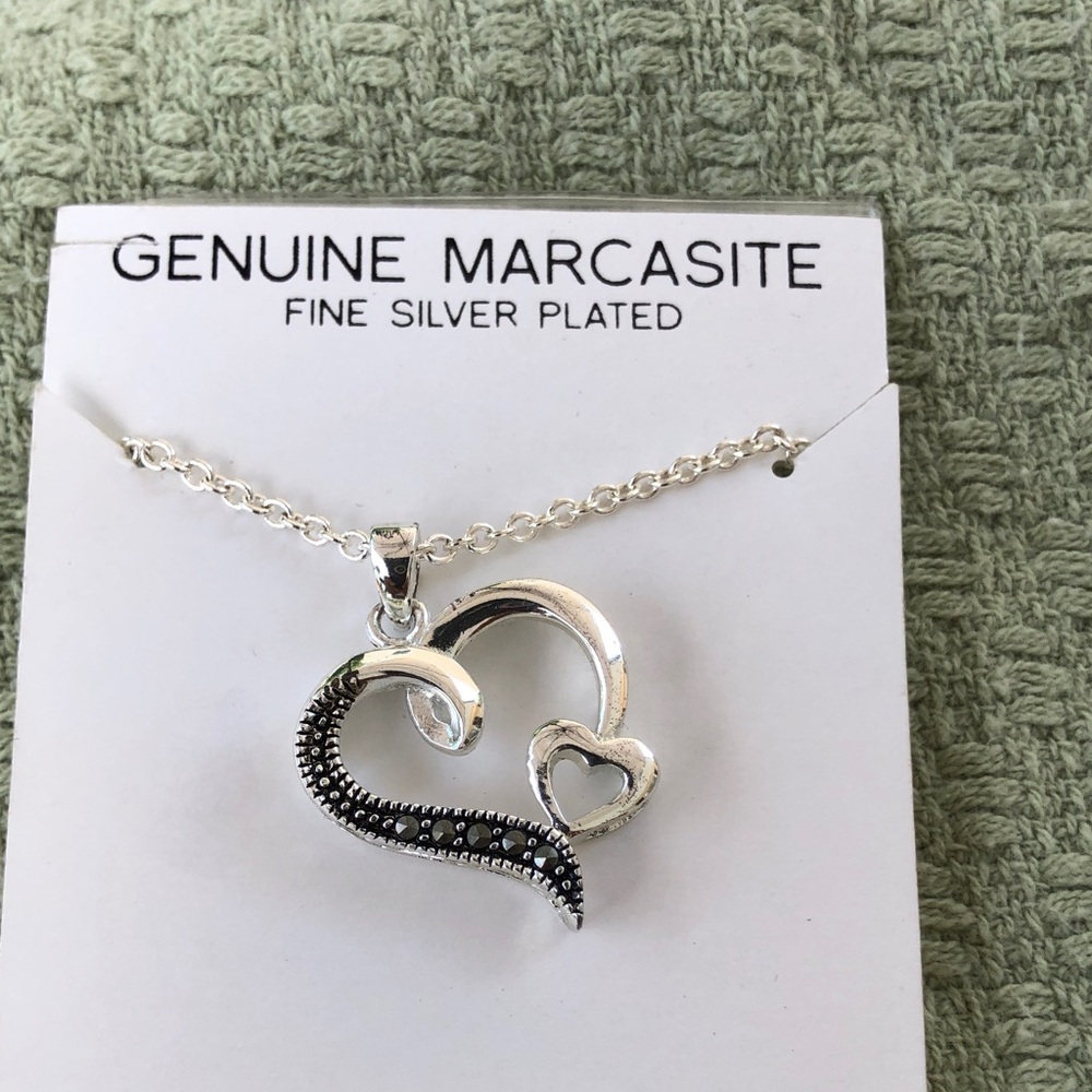 Fine Silver-Plated Marcasite Heart Necklace - Silver & Black